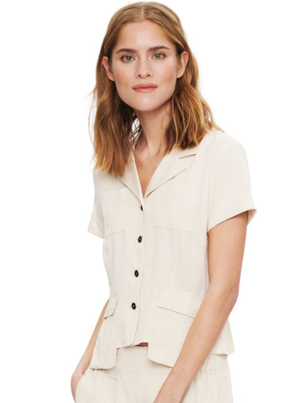 Bitte Kai Rand Tencel Linen Neutral Beige Utility Blouse with Pockets Women XS